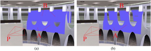 Figure 5. Result before and after applying the depth test algorithm. P: the projector. A: the walls and pillars nearest to the projector. B: the surfaces behind the pillars.