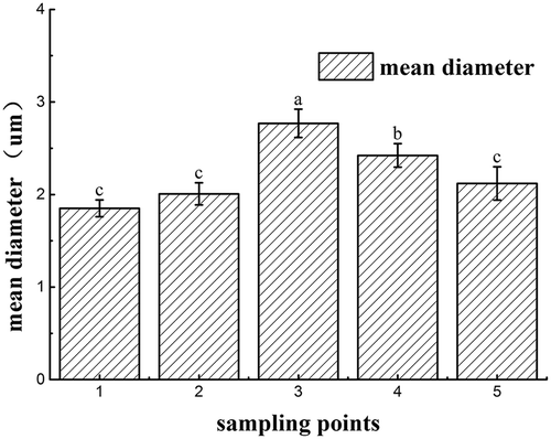 Figure 7. The change in the mean particle size of gluten proteins in the fresh noodles processing. Sampling point 1 means wheat flour gluten; sampling point 2 means mixed dough gluten; sampling point 3 means rested dough gluten; sampling point 4 means sheeted noodles gluten; sampling point 5 means cooked noodles gluten. Superscripts denote significant difference (p < 0.05).