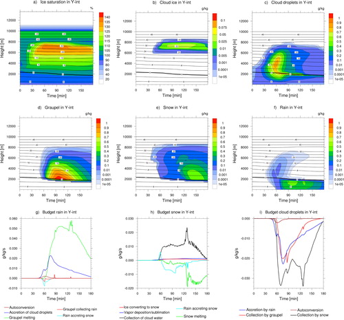 Fig. 7. Results from the Y-INT experiment for the orographic lift case. Time-height cross-sections of (a) relative humidity with respect to ice saturation, mixing ratios of (b) cloud ice, (c) cloud droplets, (d) graupel, (e) snow, and (f) rain. Budget plots with time-evolutions of the sum of sources and sinks for (g) rain, (h) snow, and (i) cloud droplets.