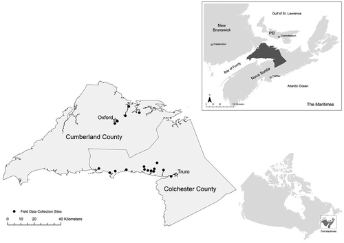 Figure 1. The study area, Cumberland and Colchester counties of Nova Scotia, Canada, including the sites where field data were collected in the summer of 2015.