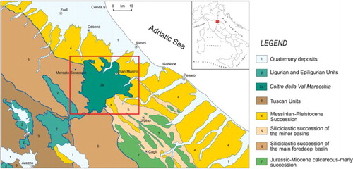 Figure 1. Tectonic sketch map of the Northern Apennines, the red box indicates the study area. The CVM consists of Ligurian and Epiligurian rocks.