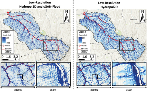 Figure 10. Flood maps of the entire Aricanduva watershed with a low-resolution Hydropol2D model and after coupling it with cGAN-Flood.