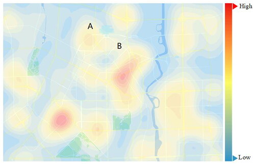 Figure 5. Heat map of pedestrian volume in the area under planning.