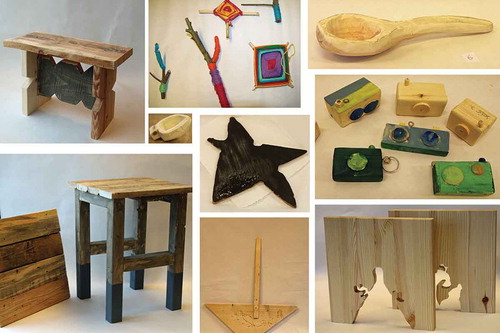 Photo collage 4. Primary school children’s artefacts made of wood (also some textile and pieces of metal).