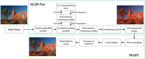 Figure 1. Illustration of the workflow for the proposed model. The super-pixel over-segmentation algorithm SLSP-Net is indicated by the upper blue dashed frame. The cluster merging MAFC algorithm is indicated by the lower green dashed frame.