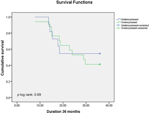 Figure 5 Kaplan–Meier Overall Survival Curve of TNBC Patients Treated with Non-platinum-containing Regimen According to miR-223 Expression.