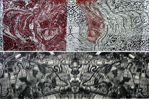 Figure 7. ‘Avulsing Maranoa’ (top) (wood-cut print by Judy Macklin) and ‘Lockyer-Brisbane confluence’ (bottom) (wood-cut print by Judy Macklin).