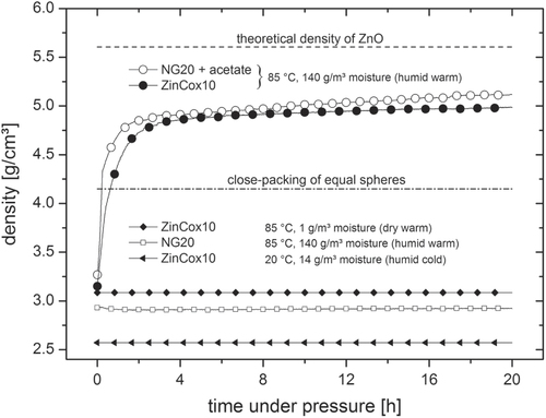 Figure 2. Density as a function of time for bodies under constant uniaxial pressure of 50 MPa under defined temperature and humidity. The dashed and dashed dotted lines give the theoretical density of pure ZnO and the density for close-packing of equal spheres, respectively. The compaction curves are represented by one measured data point each second.