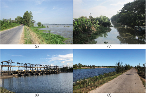 Figure 4. Water retention at the landscape scale in: (a) compartments of the North Vam Nao scheme and (b) canal systems in An Giang; and (c) Ba Lai and (d) Kenh Lap reservoirs in Ben Tre.
