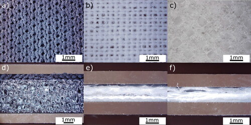 Figure 6. Digital microscopy images of hybrid masks and their respective cross-sections: polyurethane and polyamide (a, d), woven and nonwoven (b, e), nonwoven, and SMS nonwoven (c, f). In cross-section images, fabrics are between glass slides.