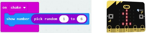 Figure 2. Visual artifact for simulating throwing dice by calling a random number function and displaying its values on a micro:bit display. The visual artifact comprises four DUs, three software code blocks (left), and one hardware unit (micro:bit, right). The relations between the DUs define three types of rules.