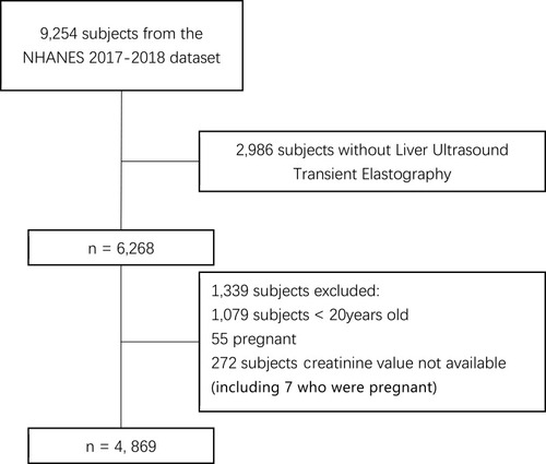 Figure 1 Flowchart of the included 4869 subjects from 9254 subjects in the NHANES 2017–2018 dataset.