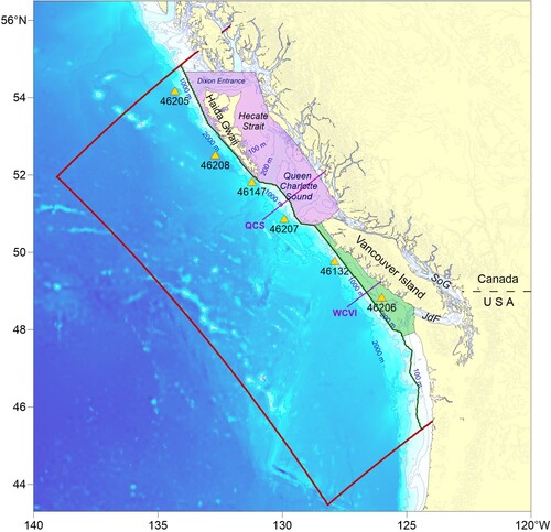 Fig. 1 Map of the British Columbia continental shelf showing the bathymetry. The red line shows the outer boundary of the British Columbia Continental Margin (BCCM) model, the green line the continental shelf boundary region, the purple and green shaded areas show the coastal regions: northern coast (NBC) and west coast of Vancouver Island (WCVI), respectively. The yellow triangle shows the location of the 6 weather buoys used in Fig. 3, and the magenta lines indicate the location of the transects used in Figs 12 and 13.