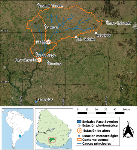 Figura 1. Cuencas de estudio con cierre en Florida (sin reservorio) y Paso Severino (con reservorio), ubicadas en la cuenca del río Santa Lucía Chico.