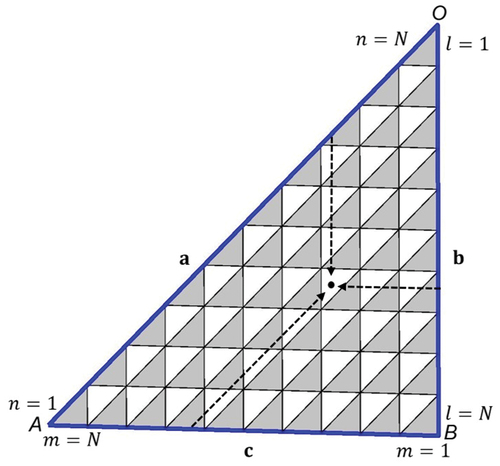 Figure 5. (Colour online) Two types of child triangles and the schematic illustration of indexing. N=10. The white triangle with a black dot is indexed as l,m,n=7,7,8 following the blue arrows from the edges. Note that l+m+n=22=2N+2.