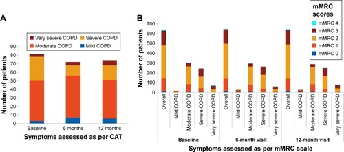 Figure 3 Distribution of patients according to (A) CAT scores and (B) mMRC scores (efficacy analysis set).