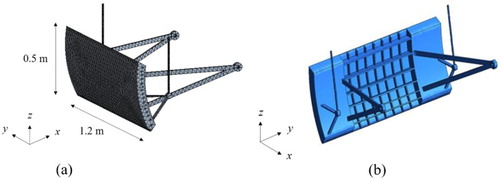 Figure 4. Three-dimensional models of the Saemangeum tide embankment radial gates: (a) FEM model; (b) rear view of the geometric model.