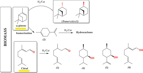 Figure 15. The main hydrogenated products are obtained from α-pinene, limonene and citral. 1=pinane, 2=limonene, 3=citronellal, 4=Menthol, 5=Isopulegol, 6=Geraniol/Nerol.