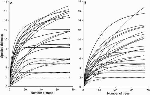 Figure 2. Extrapolation of the rarefaction curve from the reference sample for vascular epiphytes (A) and climbing plants (B) up to 75 samples (trees) in 30 swamp forest sites. The unbroken and broken lines represent groups of rich and poor sites, respectively, which present no statistical difference in standardised richness at 95% confidence. The circles represent the curves that achieve asymptote. To avoid saturating the image, the confidence limits of the rarefaction curves are not shown (see Table A1.1).