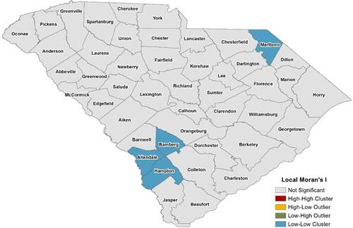 Figure 7 Demonstration of counties with clusters of low access to exercise opportunities in South Carolina.