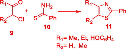 Scheme 2. Reaction of a thioamide 9 with α-halocarbonyl compounds 11.