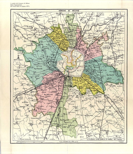 Figure 1. The jurisdictions of the municipalities of Milan and Corpi Santi in 1873. Source: Civiche Raccolte Grafiche e Fotografiche del Comune di Milano [Municipality of Milan, Historical Photographs and Prints Collections], Citation1931. Note: The Municipality of Milan jurisdiction is at the centre, in light, the Corpi Santi is the coloured area.