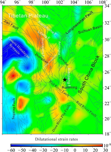 Figure 7. Spatial contour map of dilatational strain rates in southeastern Tibetan Plateau.