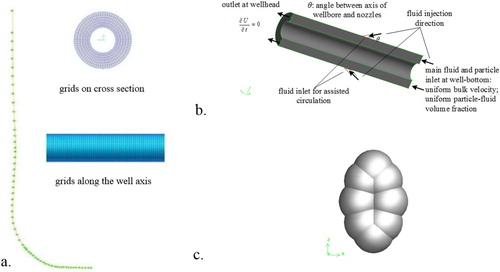 Figure 8. Whole-well model for the double-circulation system (DCS): (a) overall well model; (b) boundary conditions; (c) flaky particle model used.