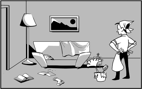 Figure 1. Consider entering a room in your house or apartment and finding a mess. Depending on the extent of the problem, your age, your tolerance for disarray, your energy level and other factors, you may decide the room needs to be cleaned. Because we are allegorically referring to a cell, one mechanism of choice would be autophagy. All illustrations by Elise N. Griswold based on conceptual designs by Daniel J. Klionsky, except as noted.