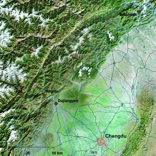 Figure 1.  Earthquake-affected area of the Sichuan province north of Chengdu. The location of the epicentre (star) as well as the three towns included in the study are shown.