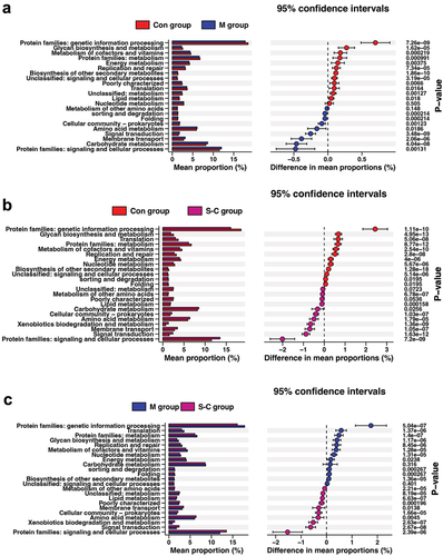 Figure 5. The function prediction of the three groups. Differential KEGG pathways were analyzed using PICRUSt for three groups. Significant differences between Con and M group (a), Con and S-C group (b), and M and S-C group (c) were presented respectively.