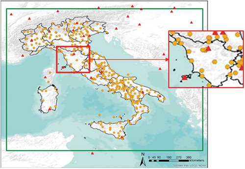 Figure 10. GNSS and EPN (European Permanent Network) stations used in this work with zoom on the stations placed in Tuscany