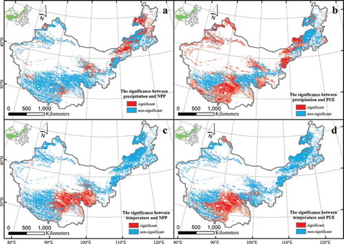 Figure 4. The significance of NPP and PUE with precipitation and temperature across China’s grasslands. Graphs a and b represent variations NPP and PUE with precipitation, respectively. Graphs c and d represent variation NPP and PUE with temperature, respectively.