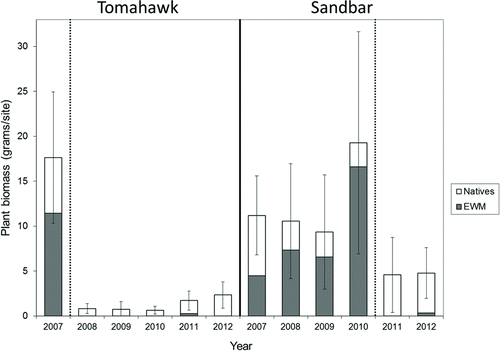 Figure 5 Mean aquatic plant biomass (grams dry weight) from randomly selected sites on both Tomahawk and Sandbar Lakes. Year of herbicide treatments is indicated by the dotted vertical lines. Error bars indicate 95% confidence intervals.