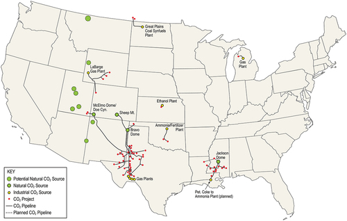Figure 1. Location of current CO2 EOR projects and pipeline infrastructure in the U.S.