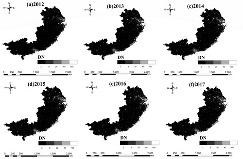 Figure 3. Spatial distribution of nighttime light intensity (a–f) in the southeastern region from 2012 to 2017.