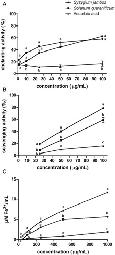Figure 1. (A) Iron chelating effect, (B) H2O2 scavenging activity, and (C) Ferric reducing antioxidant power of leaf extracts of Syzygium jambos and Solanum guaraniticum and ascorbic acid as a function of their concentrations. Each value is expressed as mean ± standard error of mean, n = 3. Different letters are significantly different at P < 0.05. Data were analyzed by analysis of variance followed by Tukey's multiple comparison post hoc test.