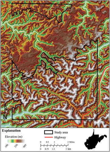 Figure 1. Location of the study area within the 7.5′ topographic quadrangle. For full color versions of the figures in this paper, please see the online version.