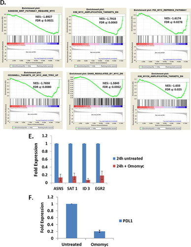 FIG 1 Omomyc affects cell proliferation and MYC-mediated transcription. (A) Purification and characterization of recombinant Omomyc. Shown is an SDS-PAGE gel of bacterially expressed Omomyc under nonreduced (NR) and reduced (Red) conditions. (B) Myc levels of cells used for cell proliferation and other experiments. (C) Effect of both recombinant Omomyc and synthetic Omomyc on proliferation of Ramos and HCT116 cells over 3 days. (D) Gene set enrichment analysis (GSEA) comparing gene expression between untreated and 10 μM Omomyc-treated HCT116 cells. Normalized enrichment scores (NES), false discovery rate (FDR) q values, and numbers of genes for MYC signatures are shown. (E and F) Q-PCR showing the effect of 10 μM Omomyc on the expression of several Myc target genes identified by RNA-Seq in HCT116 cells. Genes tested were the ASNS, SAT1, ID3, EGR2, and CD274 (PD-L1) genes.