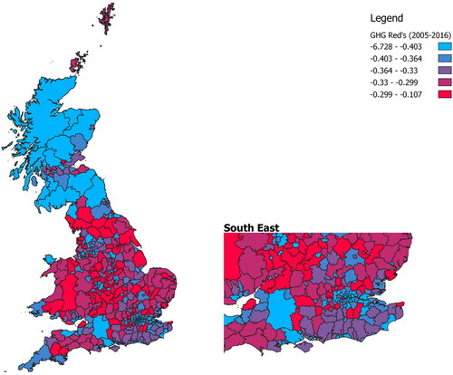 Figure 2. Choropleth map displaying GHG emissions reductions in Great Britain local authorities in 2016 relative to 2005, categorized by quintile in fractions of emissions reductions (i.e. −0.403 = −40.3% reduction relative to 2005). Inset focuses on the southeast of England, including the regions of the East of England, Greater London, and the South East).