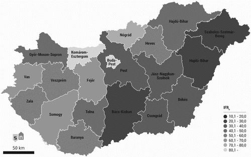 Figure 2. IFRn in the Hungarian counties and the capital (Model 1). Darker colours show better performance. Source: Own compilation, based on the calculations. Prepared with Esri ArcGIS, Adobe Illustrator. No permission was needed to publish the image.