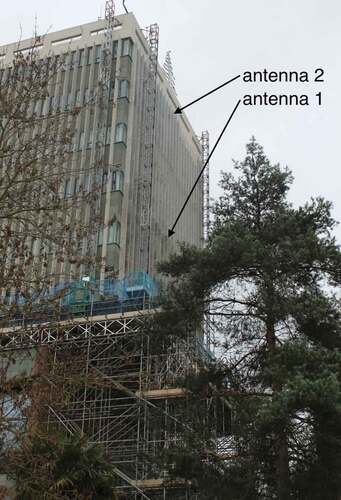 Figure 3. Experimental two-element interferometer deployed on the Physics Building at the University of Exeter.