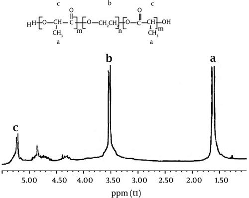 Figure 1. 1H-NMR spectrum of the PLGA-PEG copolymer.