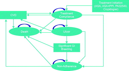 Figure 1. Diagram of Markov model flow. ASA: aspirin (acetylsalicylic acid); CVD: cardiovascular disease; GI: gastrointestinal; PPI: proton pump inhibitor.