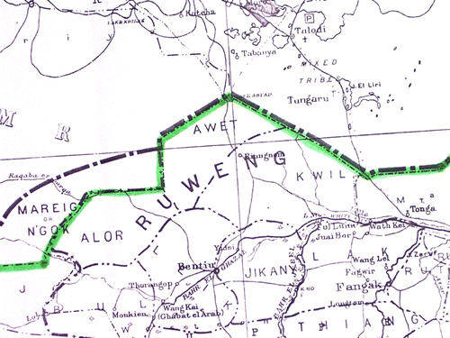 Figure 1.  Rueng Dinka sections (Sudan Survey Department, 1:2,000,000 Map Sudan Tribes Sheet 3, 1956). The highlighted dashed line shows the provincial boundary. The heavy black broken line represents an alleged dividing line between Arab and African peoples.