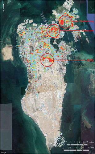 Figure 1. Aerial view of mainland Bahrain with overlay of heat map of the street network. Red to blue representing higher to lower density of nodes, respectively. The population is largely concentrated on the north and west of the territory