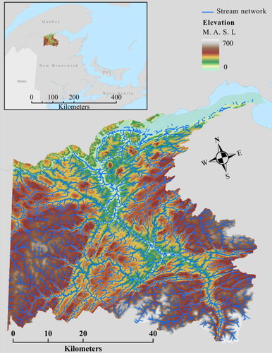 Figure 1. LiDAR range and sample area of the Eastern New Brunswick portion of the Restigouche catchment, New Brunswick, Canada.