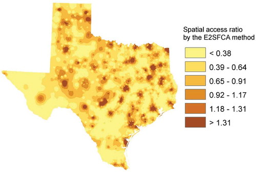 Figure 1. Geographic access to primary care physicians in Texas, 2000. (Note: The map was obtained and modified from Wan et al. (Citation2012b) with removal of health district boundaries for better visual effect in the map. The map is reprinted with permission from Elsevier. A higher value of spatial access ratio means better accessibility; E2SFCA—Enhanced Two-Step Floating Catchment area method (Wan et al. Citation2012b).)