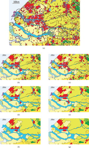 Figure 21. A series of maps derived from the tGAP structure. The series illustrate the (subtle) differences between the merge and split operations. Note that the maps with lesser areas should be drawn smaller and smaller. (a) Most detailed representation of European land-cover data set (1590 areas). The circles indicate regions where the merge and split approaches give notable different result. (b) Merge I (360 areas remaining). (c) Split I (360 areas remaining). (d) Merge II (120 areas remaining). (e) Split II (120 areas remaining). (f) Merge III (60 areas remaining). (g) Split III (60 areas remaining).
