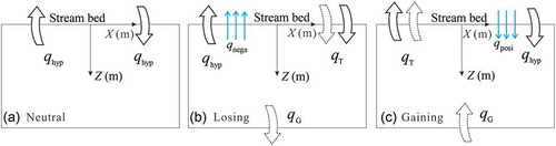 Figure 3. Schematic of flux flows in and out of the simulated domain at (a) neutral condition, (b) losing condition and (c) gaining condition. The solid arrow refers to hyporheic exchange flux and the dashed arrow represents regional groundwater flux.